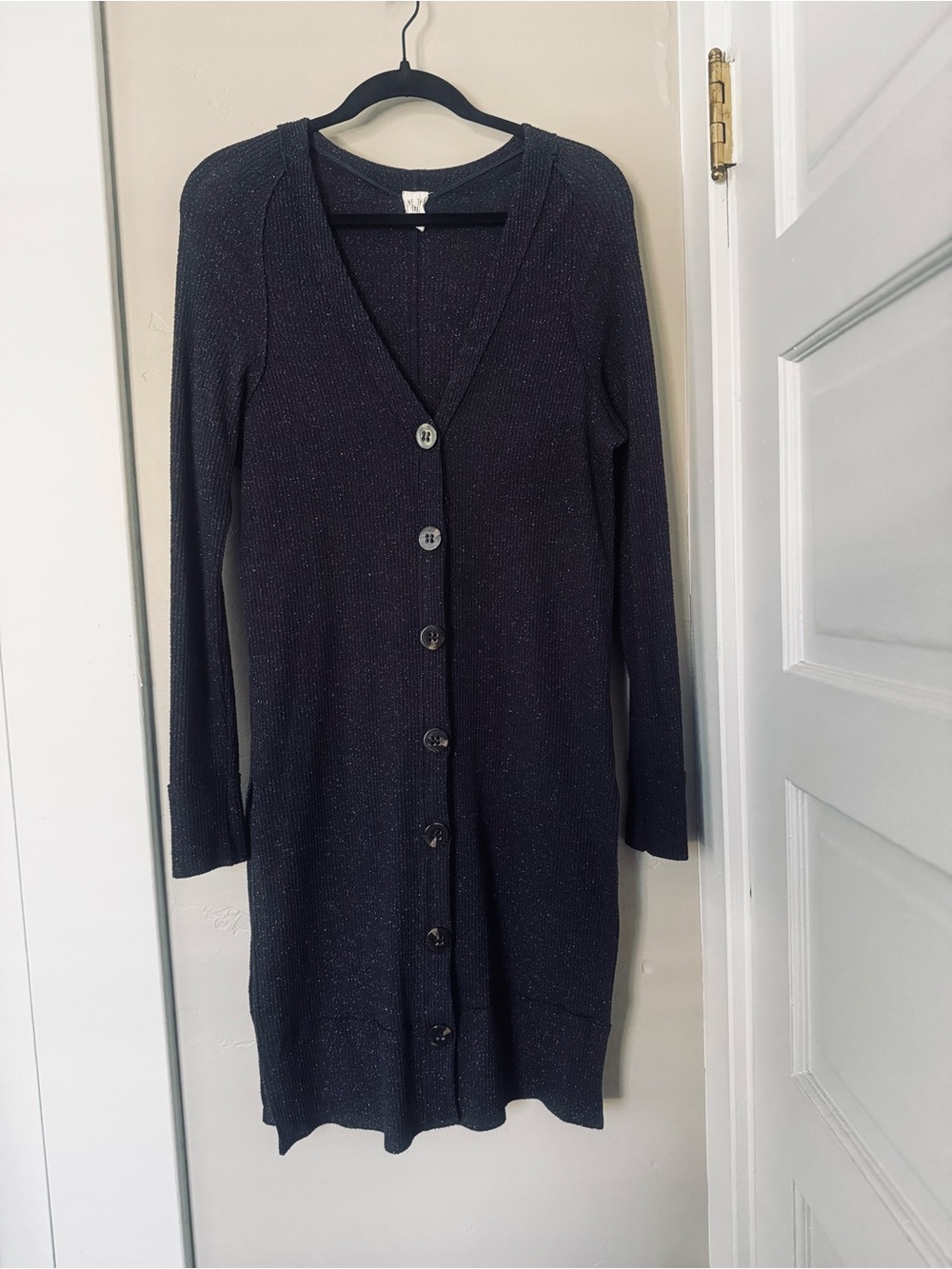 Long Navy Button-Up Cardigan with Subtle Pink Sparkle
